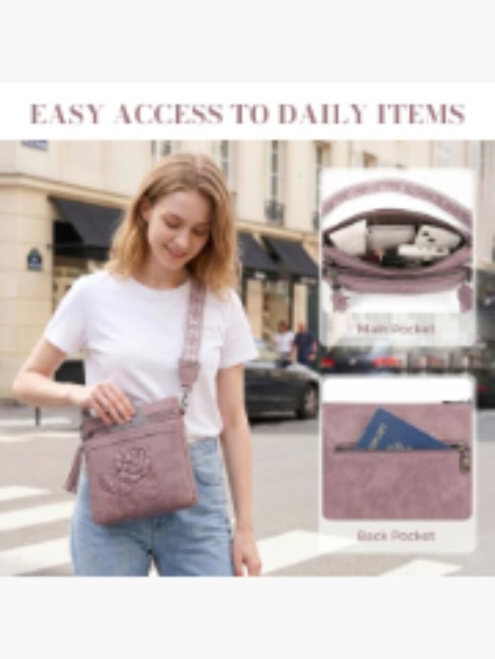 Vegan Leather Crossbody Purse Floral Embossed Multi-Pocket Adjustable Wide Strap - Picture 5 of 7